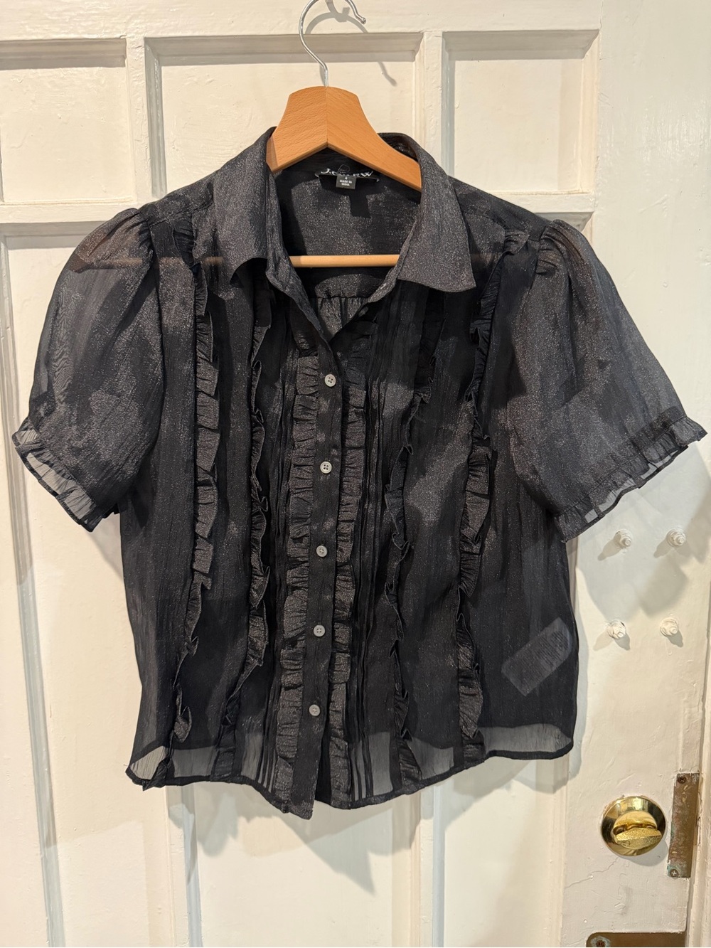J. Crew Black Sheer Ruffle-Front Button Down Shirt